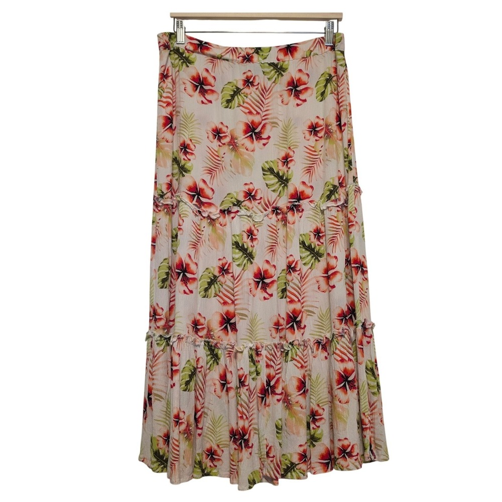 George Tropical Hibiscus Floral Tiered Maxi Skirt White Coral Green Large